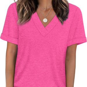 Womens Summer Tops Short Sleeve Basic Casual V Neck T Shirts Trendy Fashion 2026